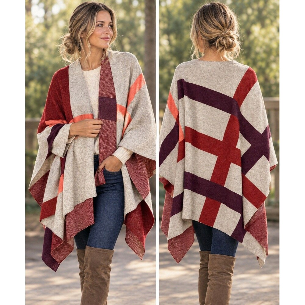 Talbots Plaid Knit Open Front Poncho Wrap Ruana Cape Shawl Sweater Rust OS⁠ EUC